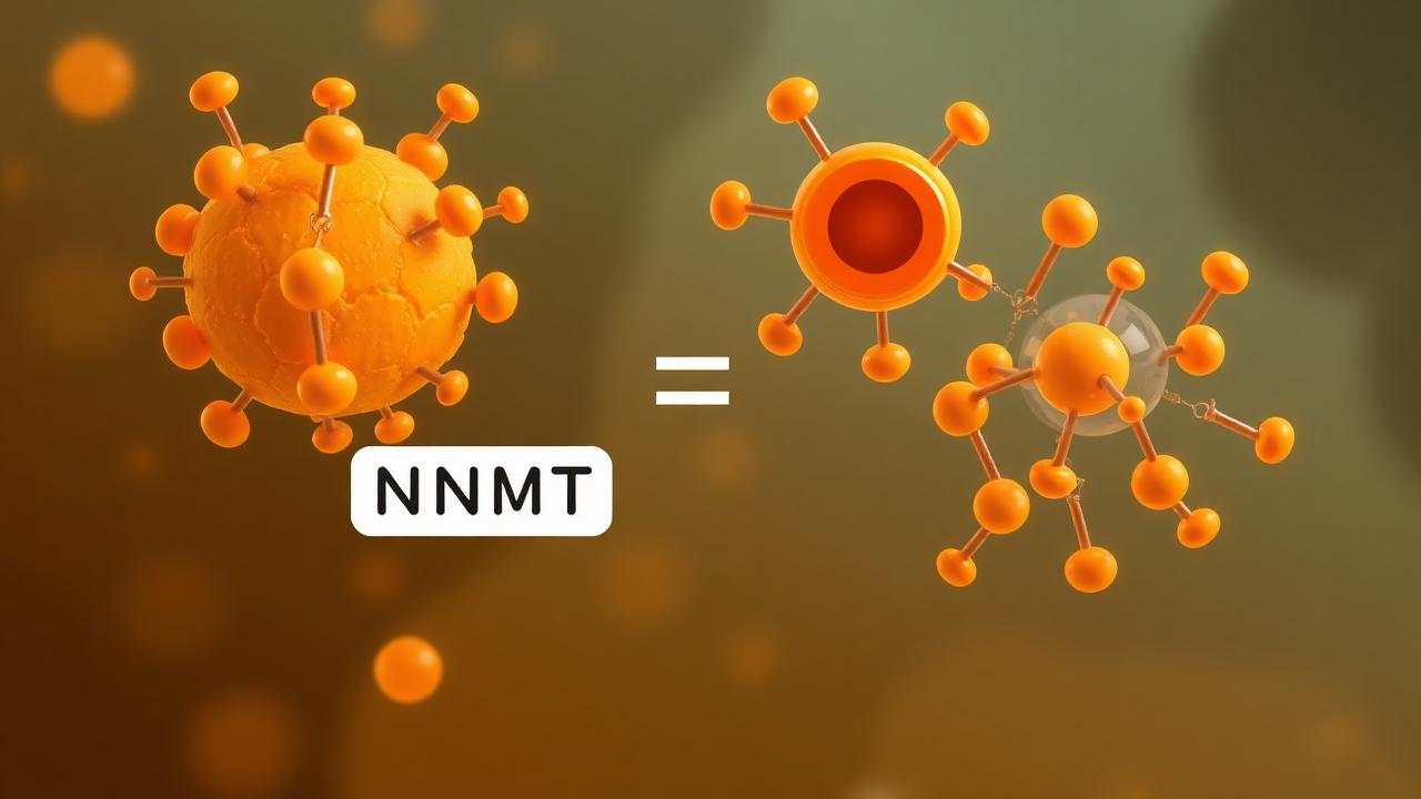 Editorial illustration of an NNMT enzyme schematic