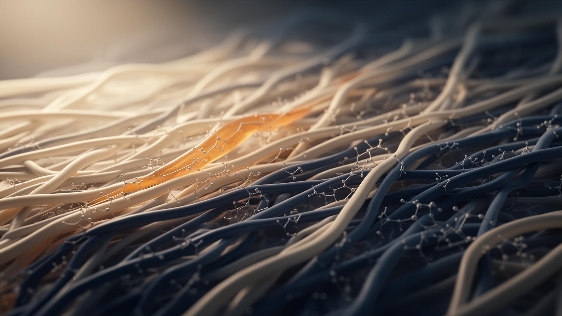 Editorial illustration of connective tissue fibres with peptide motifs