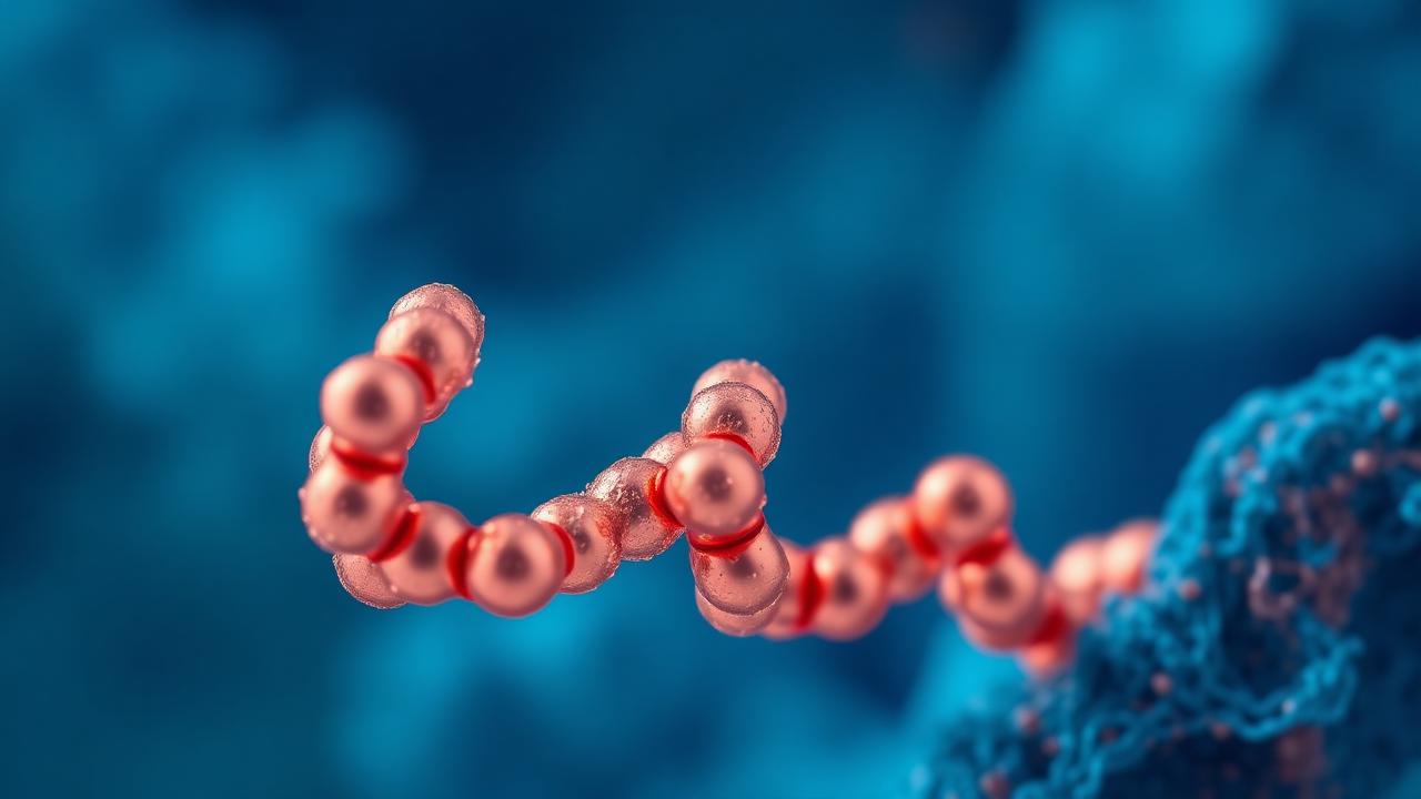 Editorial illustration of a copper peptide motif over skin layers