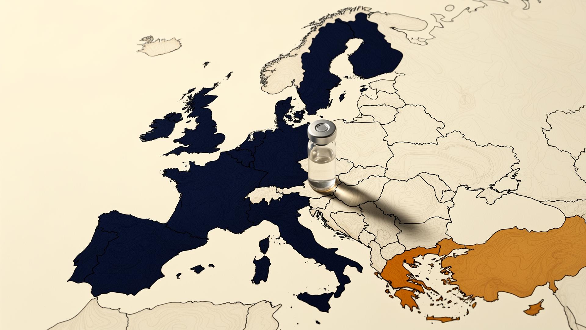 Editorial illustration of a peptide vial casting a shadow across a stylised map of Europe