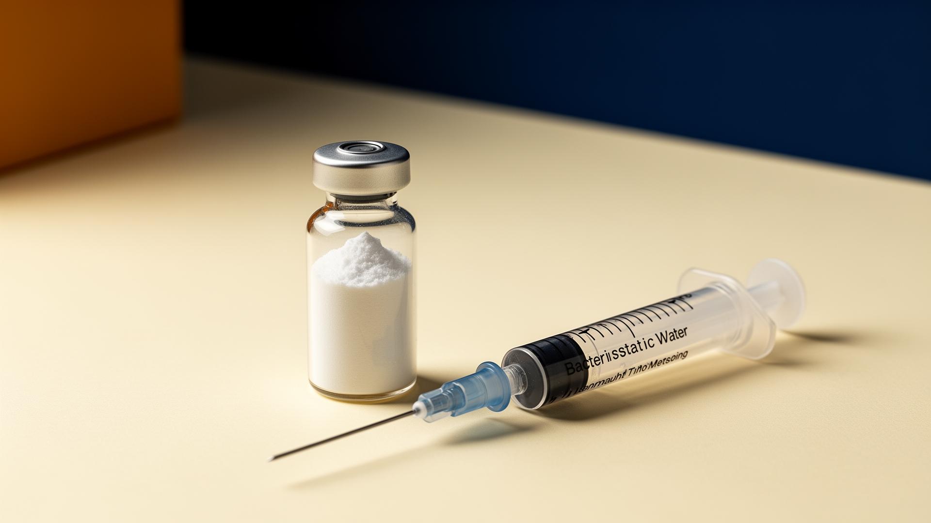 Editorial still life of a lyophilised peptide vial with bacteriostatic water and an insulin syringe