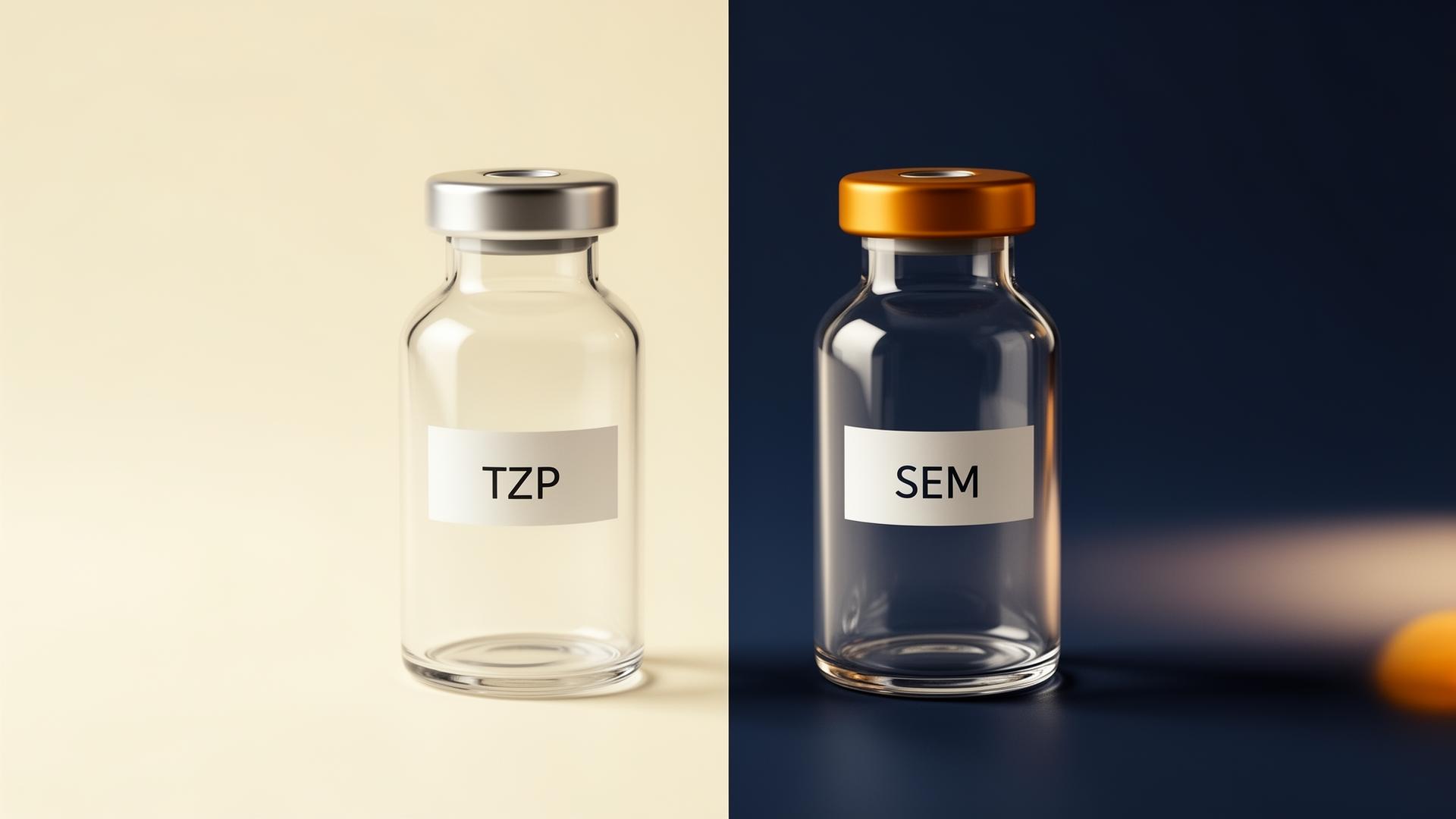 Editorial illustration of two clinical peptide vials side by side